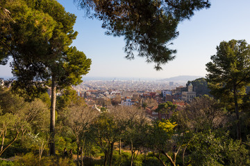 Fototapeta na wymiar Panoramic view of Barcelona from Park Guell in winter day