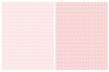 Simple Abstract Geometric Vector Pattern. Hand Drawn Irregular Repeatable Design. White Brush Dots on a Various Light Pink Background. Pastel Color Infantile Style Layouts.Baby Girl Party Decoration. 