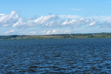 Summer view of Lake Pleshcheyevo, sunny summer day. Blue sky. Pereslavl-Zalessky, Yaroslavl region, Russia.