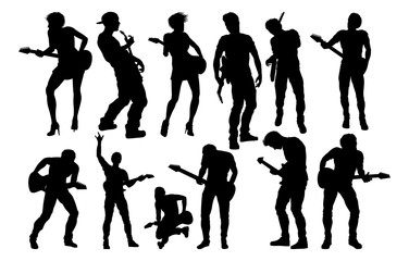 A set of guitarist musicians in detailed silhouette playing their guitars.