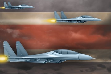 Costa Rica air forces strike concept. Air planes attack on Costa Rica flag background. 3d Illustration