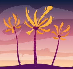 Palms on island, sky and sunset. Cartoon vector illustration