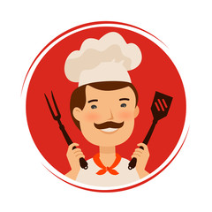 Restaurant logo or label. Happy chef holding barbecue tools. Cartoon vector illustration