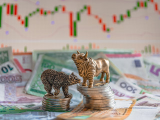 Bronze figures of a bull and a bear near metal coins against the background of paper money and...