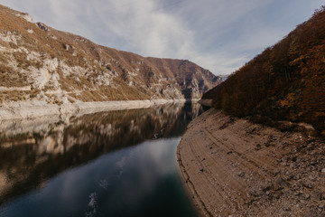 View of great canyon of river Piva. Location place National park Durmitor, Pluzine town, Montenegro, Balkans, Europe. Scenic image of popular travel destination.