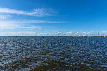 Summer view of Lake Pleshcheyevo, sunny summer day. Blue sky. Pereslavl-Zalessky, Yaroslavl region, Russia.