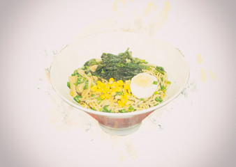 Illustration with a bowl of traditional Japanese noodles with egg, corn and greens