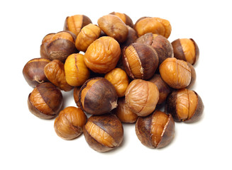 chinese food, peeled roasted chestnut on white background