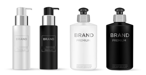 Cosmetic black, white plastic bottle.  Liquid container for gel, lotion, cream, shampoo, bath foam. Beauty product package.