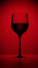 Red wine glass silhouette on dark red back-light background, 3d render