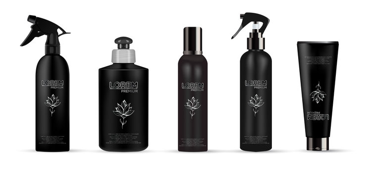 Set of realistic black package luxury cosmetic product:  tube cream, bottle with dispenser or spray, oil, shampoo,  gel shower and liquid soap. Vector illustration isolated on white. 
