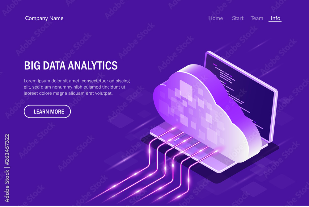 Poster big data analytics isometric concept. cloud computing. data streaming. editable vector illustration.