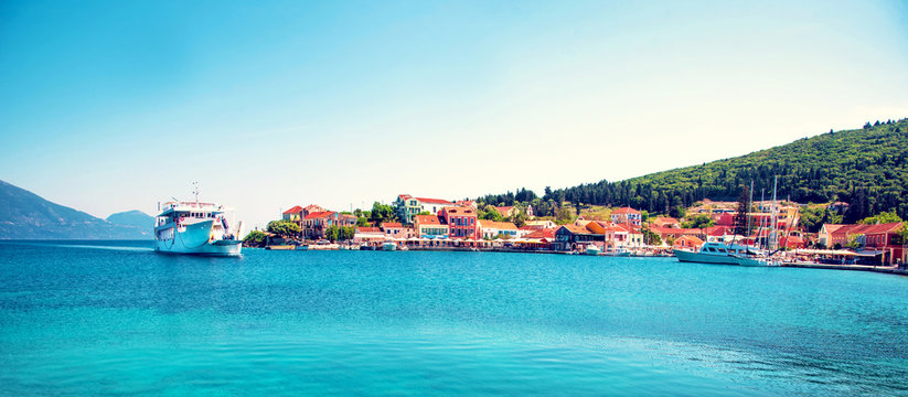 Beautiful scenic landscape with bay and ferry in Nydri, Lefkada, Greece. Stunning amazing charming places. prominent tourist towns.