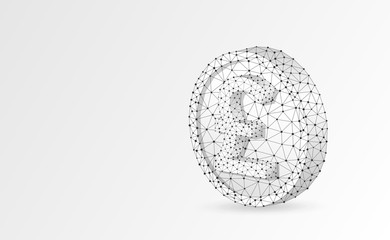 British Pound currency. Golden Coin 3d illustration. Origami Polygonal Vector business, money, finance, cash, circle concept. Low poly wireframe, triangle, lines, dots, polygons. White background