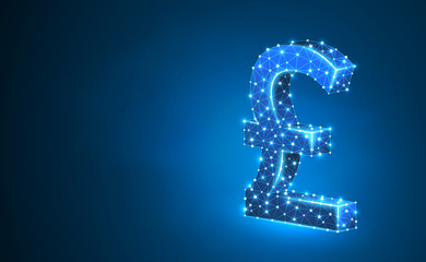 Pound currency sign, digital neon 3d illustration. Polygonal Raster British money symbol. Business, data cash, finance concept. Low poly wireframe, triangle, lines, dots, polygons. Blue background