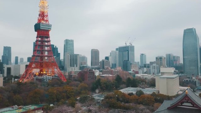 Drone panning down towards the Buddhist Zojoji Temple complex looking over the Tokyo city skyline towards the famous Tokyo Tower on an overcast hazy day with cherry blossoms blooming