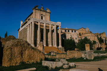 Fototapeta na wymiar ROME, ITALY - 12 SEPTEMBER 2018: The temple of Antonin and Faustina in the Roman forum