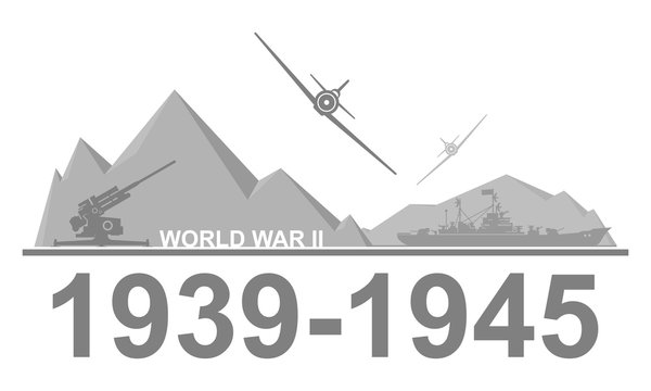World War II 1939-1945 black and white vector illustration.