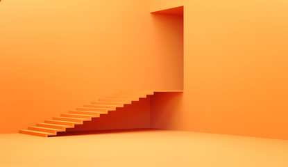 Empty interior with a staircase and door, 3D illustration.