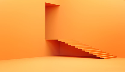 Empty interior with a staircase and door, 3D illustration.