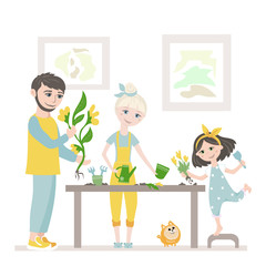 Happy friendly family planting flowers. Housework together. Mom, dad and daughter. Cute cartoon characters.