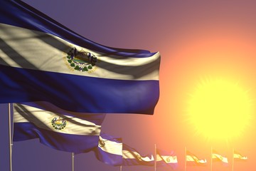 beautiful many El Salvador flags placed diagonal on sunset with place for your content - any holiday flag 3d illustration..