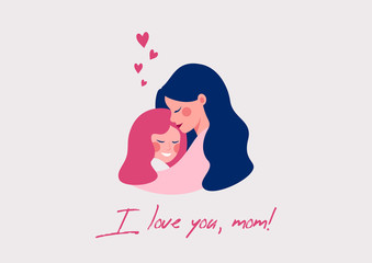 Vector greeting card for Happy Mother's day of Cute young mother embracing her daughter with love.
