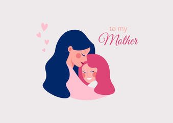 Vector greeting card for Happy Mother's day of Cute young mother embracing her daughter with love.