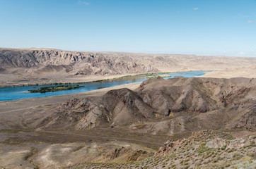 River among beautiful mountains and rocks on the border between Kazakhstan and China