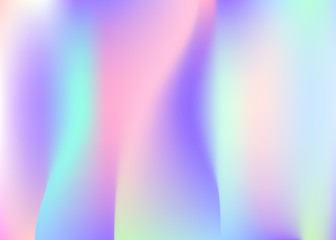 Holographic abstract background. Liquid holographic backdrop with gradient mesh. 90s, 80s retro style. Pearlescent graphic template for brochure, flyer, poster design, wallpaper, mobile screen.