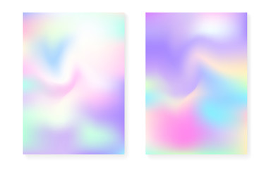Hologram gradient background set with holographic cover. 90s, 80s retro style. Pearlescent graphic template for flyer, poster, banner, mobile app. Fluorescent minimal hologram gradient.