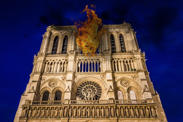 Fire at Notre Dame Cathedral burning, reconstruction