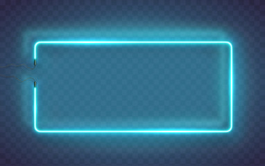 Neon rectangle lamp wall sign isolated on transparent background. Vector blue power glowing bulb banner, light frame for your design. - obrazy, fototapety, plakaty