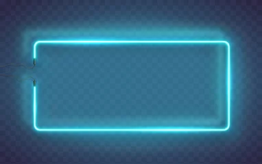 Foto auf Leinwand Neon rectangle lamp wall sign isolated on transparent background. Vector blue power glowing bulb banner, light frame for your design. © Kindlena