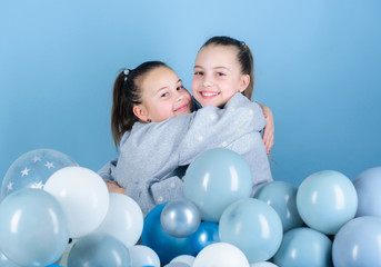Girls best friends near air balloons. Birthday party. Happiness and cheerful moments. Carefree childhood. Start this party. Sisters organize home party. Having fun concept. Balloon theme party