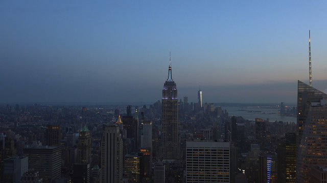 New York, Usa:Aerial view of Manhattan midtown and downtown skyscrapers ar sunset and dusk time © Bote