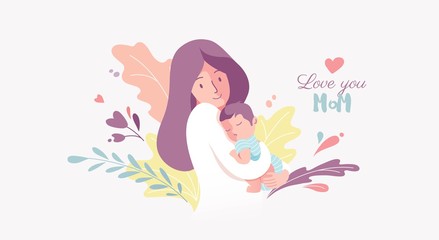 Vector Illustration Of Mother Holding Baby Son In Arms. Happy Mother`s Day Greeting Card.