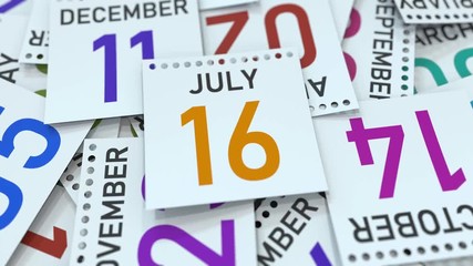 Calendar page shows July 16 date. 3D animation