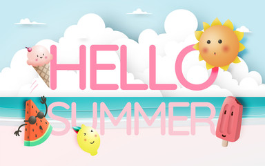 Hello Summer with Tropical fruits and ice cream in cartoon art style