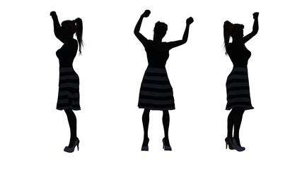 people silhouette - woman cheers - 3 different views - isolated on white background