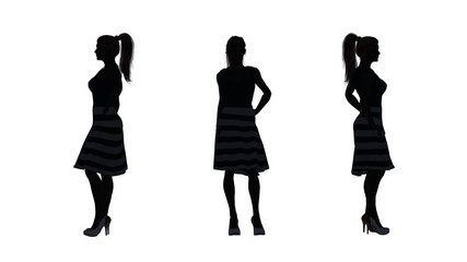 people silhouette - woman stands - 3 different views - isolated on white background