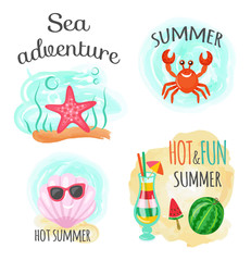 Underwater animals, sea adventure and hot summer vector. Seafish and crab, seashell in sunglasses and cocktail with straw, ice cream and watermelon