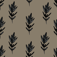 Pattern with black illustration branches leafs. Brown backgraund.