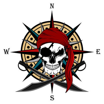 Skull of a pirate in a red bandana with swords and a rose of winds. Color vector image on a white background.