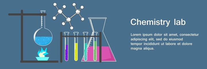 Banner Chemistry Lab with Text and Flasks and Beakers Full of Different Substance, Test Laboratory, Chemical Education on Dark Blue Background Vector Illustration