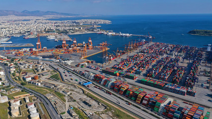 Aerial drone photo of industrial container terminal in commercial port of Piraeus, Perama, Attica, Greece