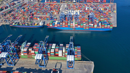 Aerial drone photo of industrial container terminal in commercial port of Piraeus, Perama, Attica,...