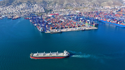 Aerial drone photo of industrial container terminal in commercial port of Piraeus, Perama, Attica,...