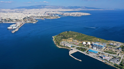 Aerial drone photo of industrial container terminal in commercial port of Piraeus, Perama, Attica,...