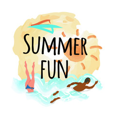 Summer fun emblem, woman diving, afro-american man swimming in blue water, sun and sea. Vector people on rest, summertime activities, butterfly swim